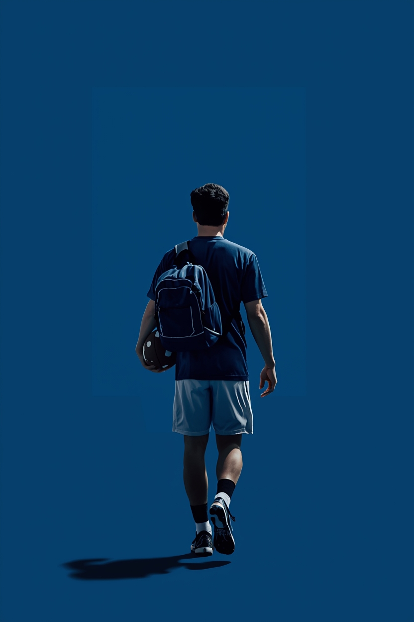 Student-athlete walking with backpack and ball